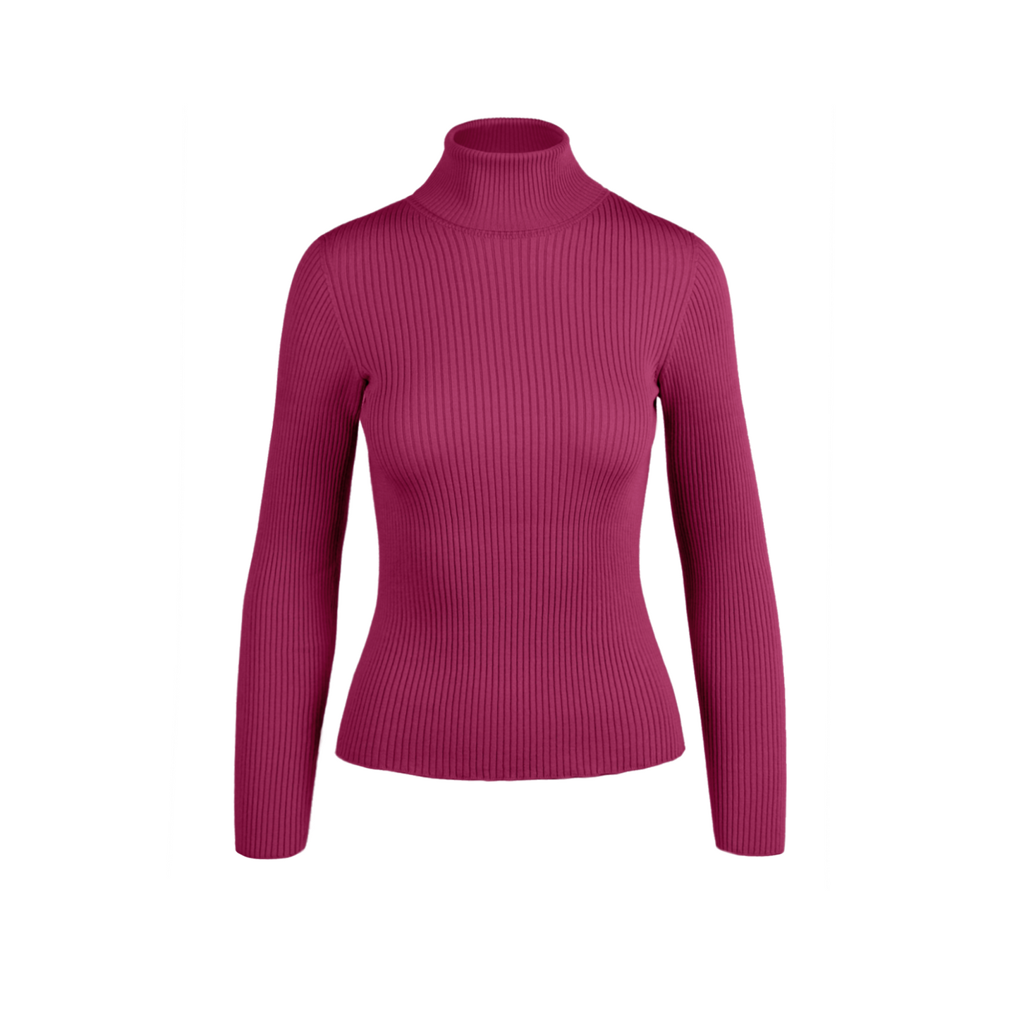 Magenta ribbed turtleneck sweater on a white background