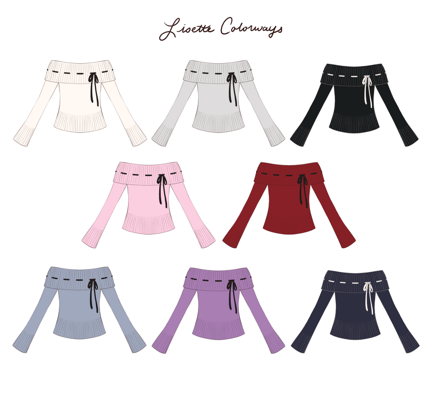 sketch of the lisette top design in different colorways