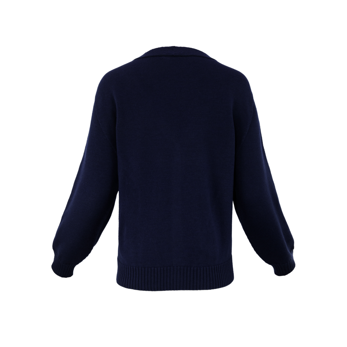 navy blue cardigan back view