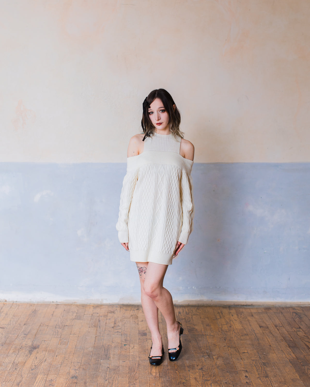Aiko merino cold shoulder sweater dress - Ivory