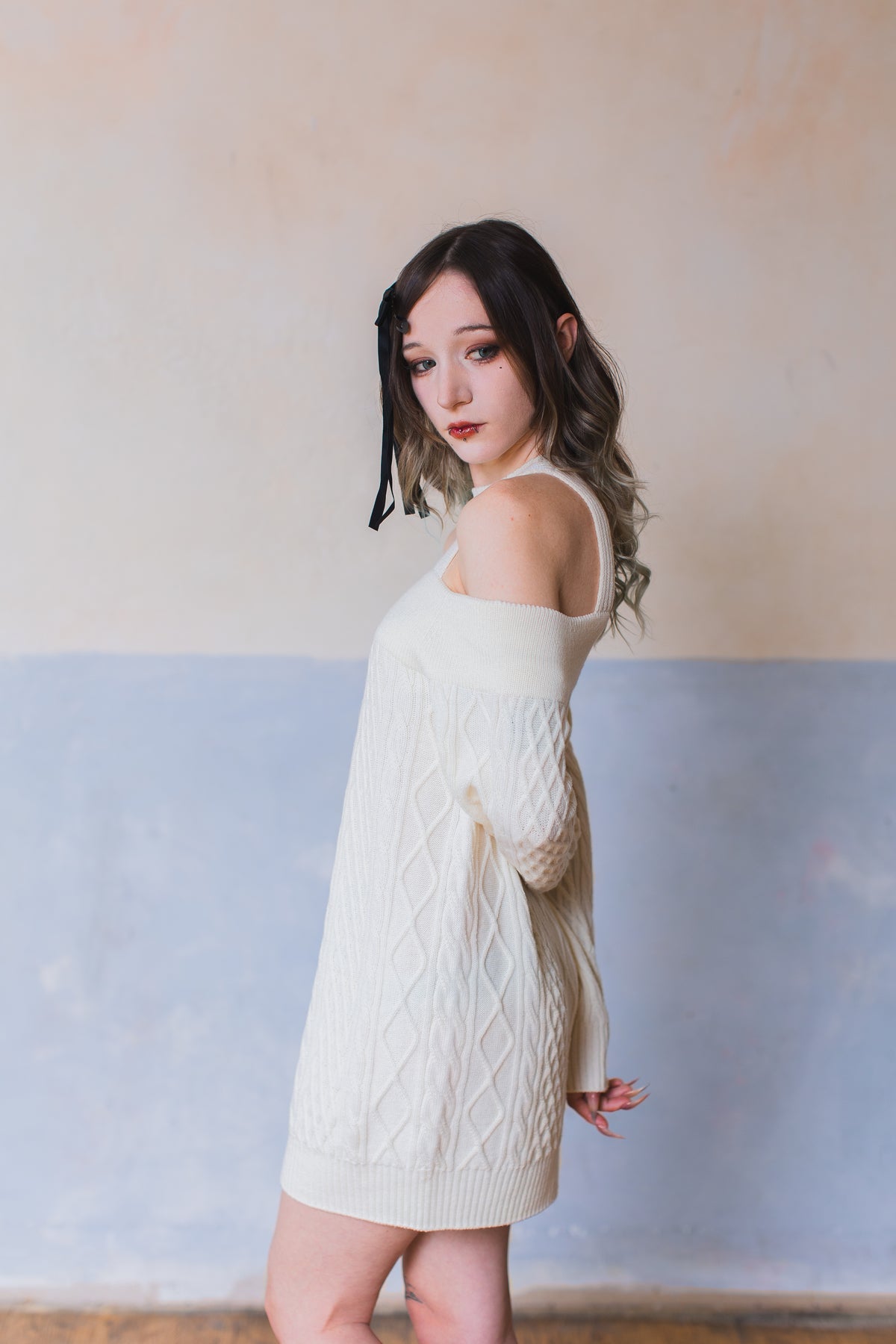 Aiko merino cold shoulder sweater dress - Ivory