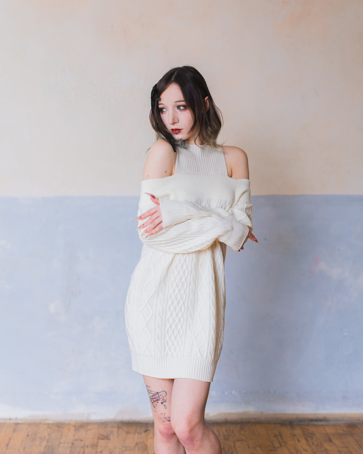 Aiko merino cold shoulder sweater dress - Ivory