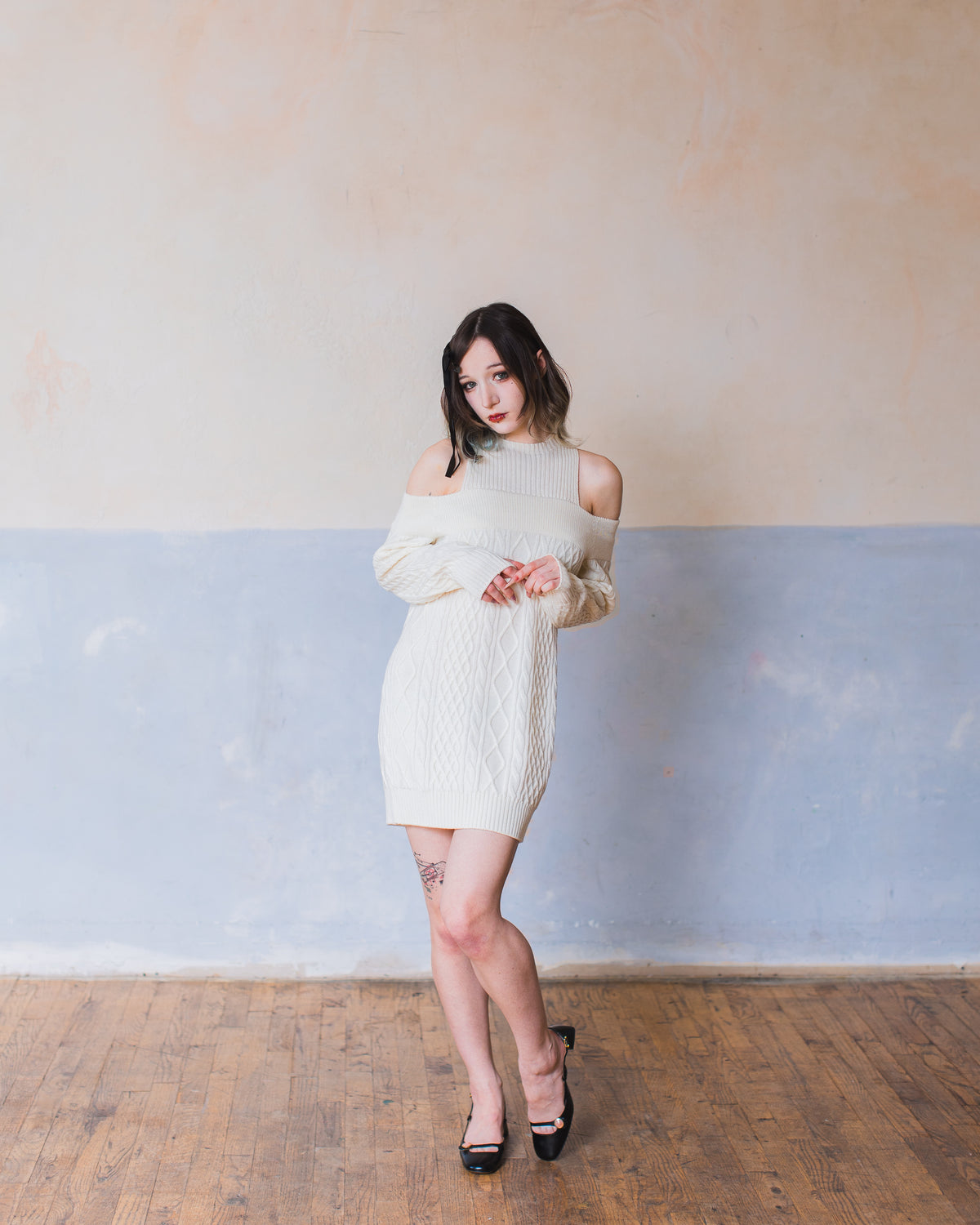 Aiko merino cold shoulder sweater dress - Ivory