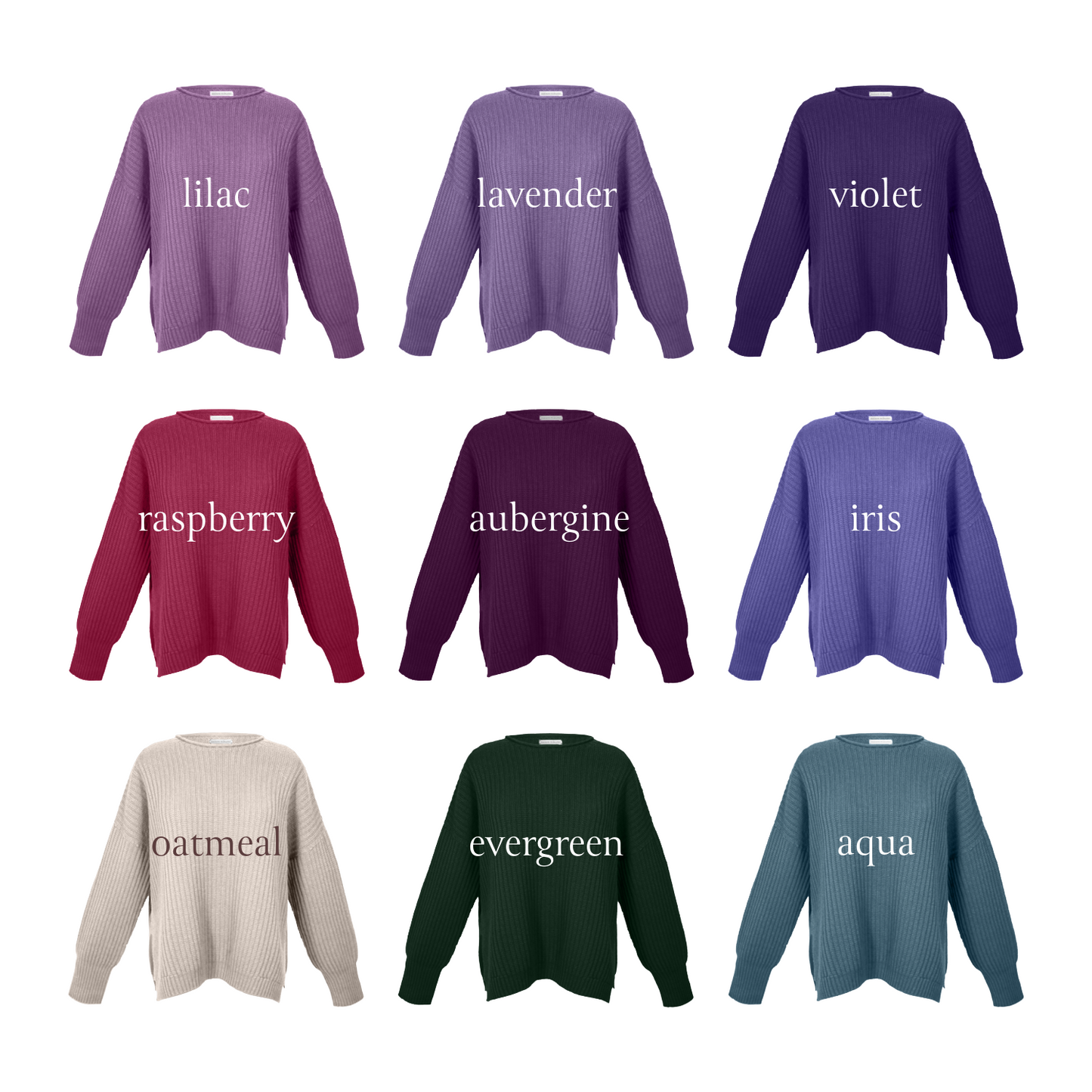 Nine sweaters in different colors with labels on a white background