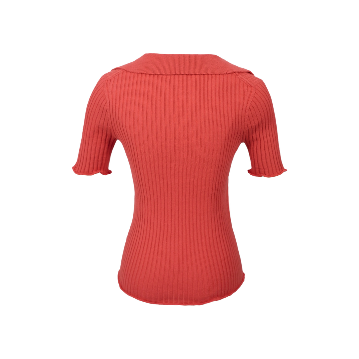 Coral rib knit short sleeve polo on a white background - back