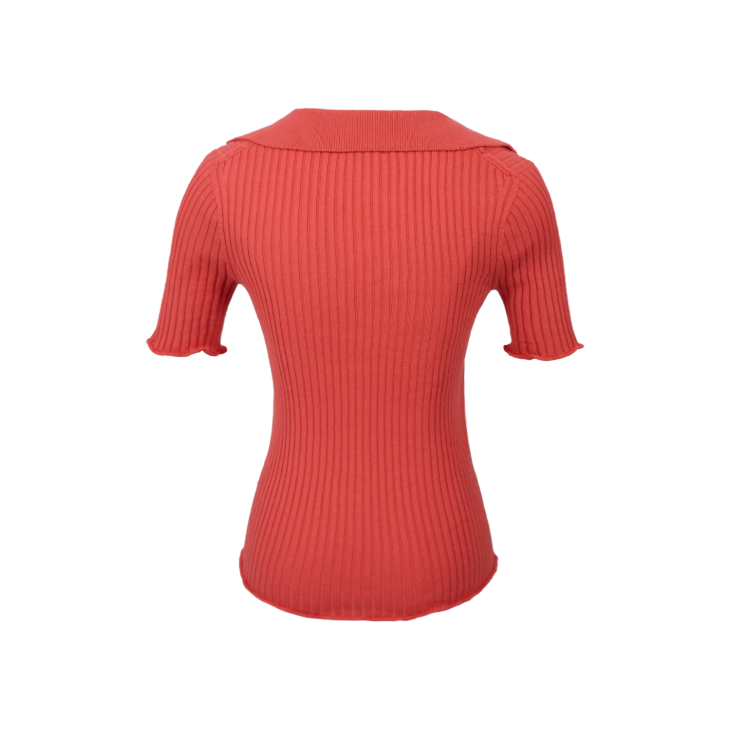 Coral rib knit short sleeve polo on a white background - back