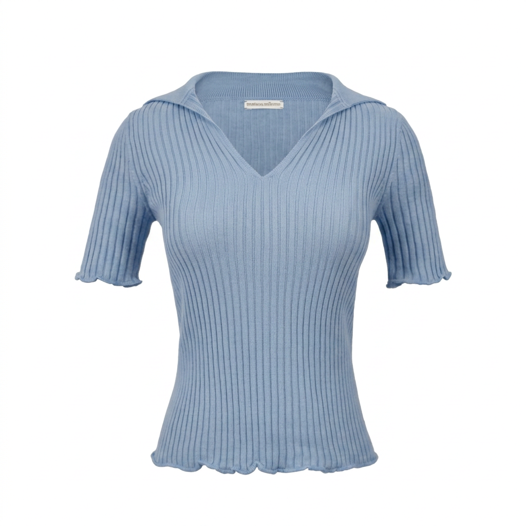 Light blue ribbed sweater with short sleeves on a white background