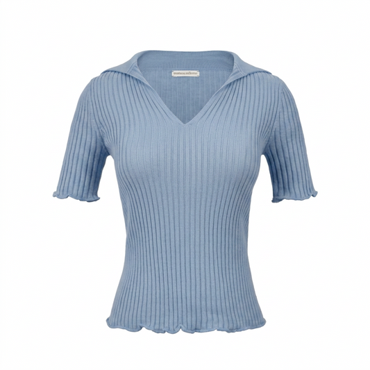 Light blue ribbed sweater with short sleeves on a white background