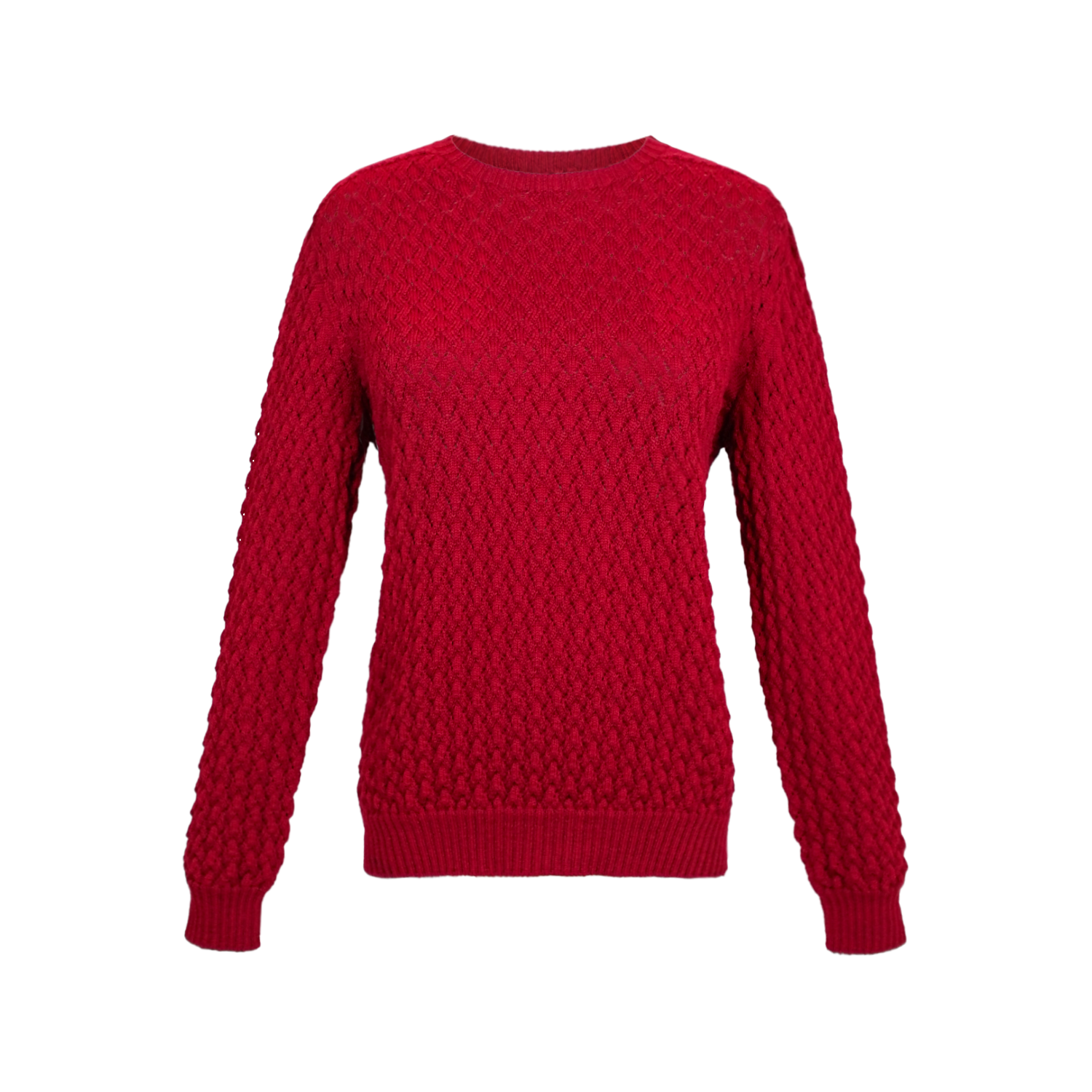 Red pointelle knitted long sleeve sweater on a white background - front view