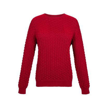 Red pointelle knitted long sleeve sweater on a white background - front view