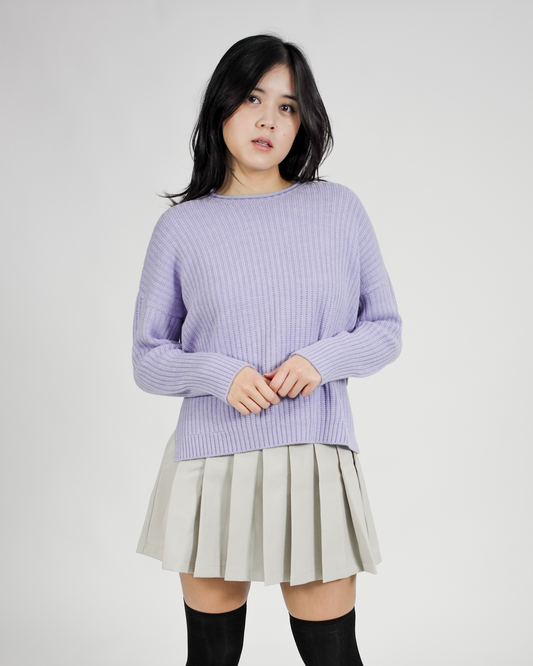 Woman wearing a light purple sweater and pleated skirt on a white background