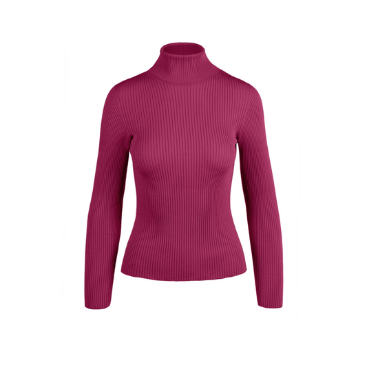 Magenta ribbed turtleneck sweater on a white background