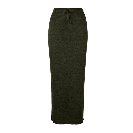 Dark green knit skirt on a white background