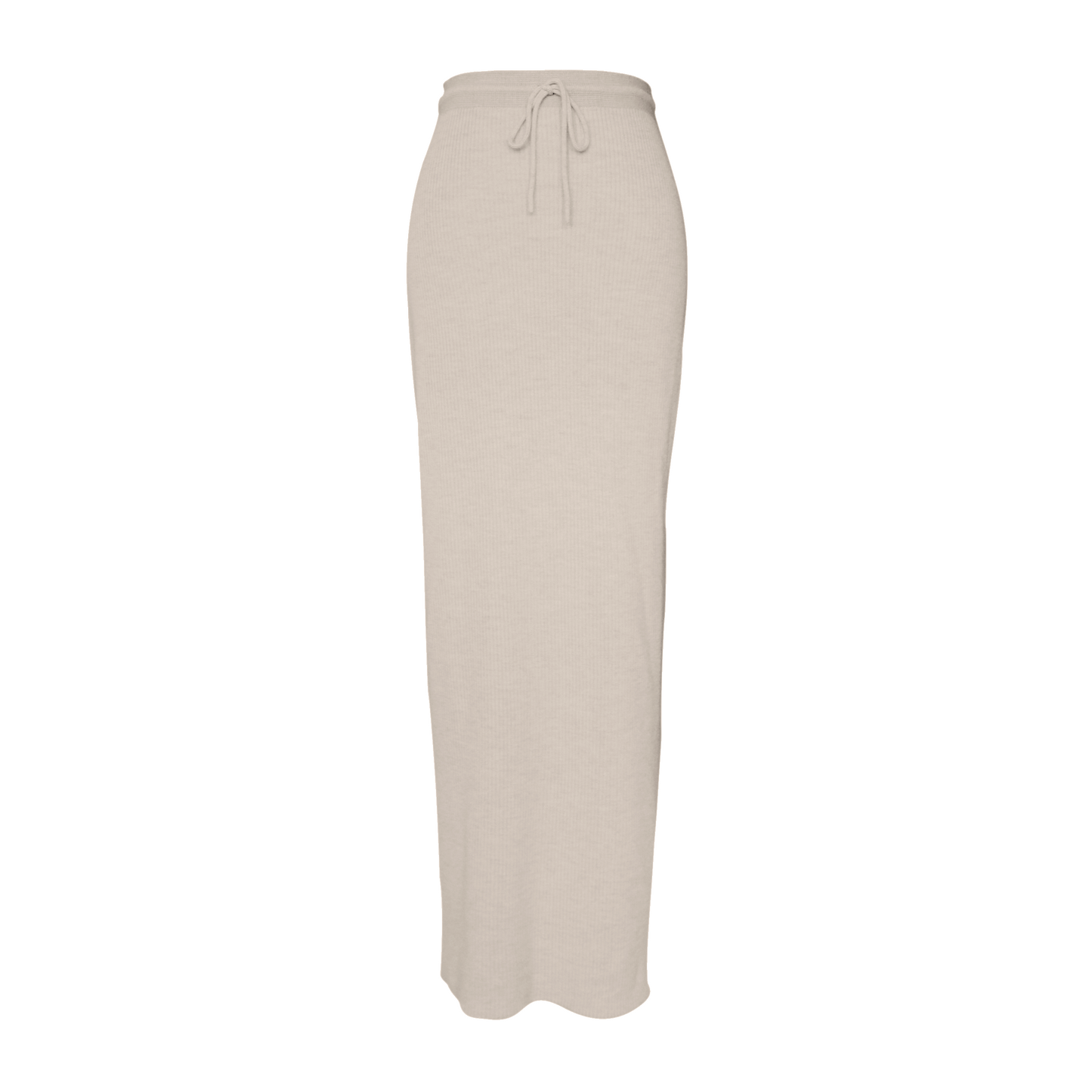 Beige maxi knit skirt on a white background