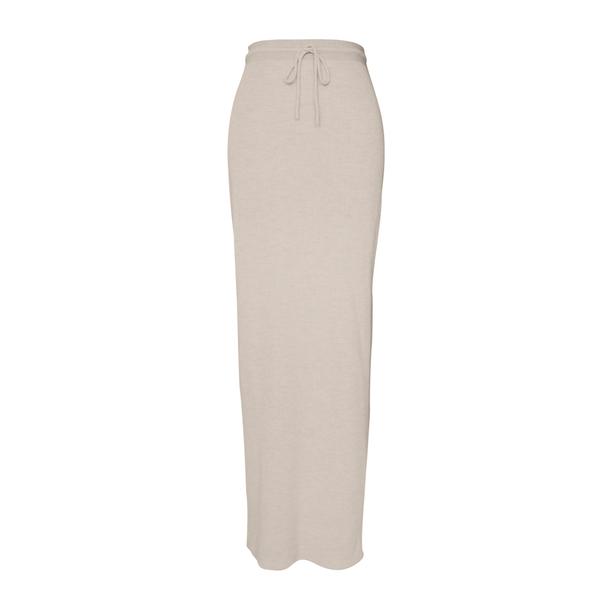 Beige maxi knit skirt on a white background