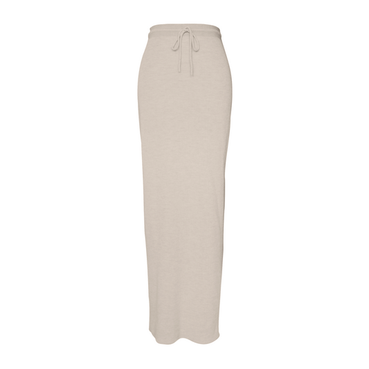Beige maxi knit skirt on a white background