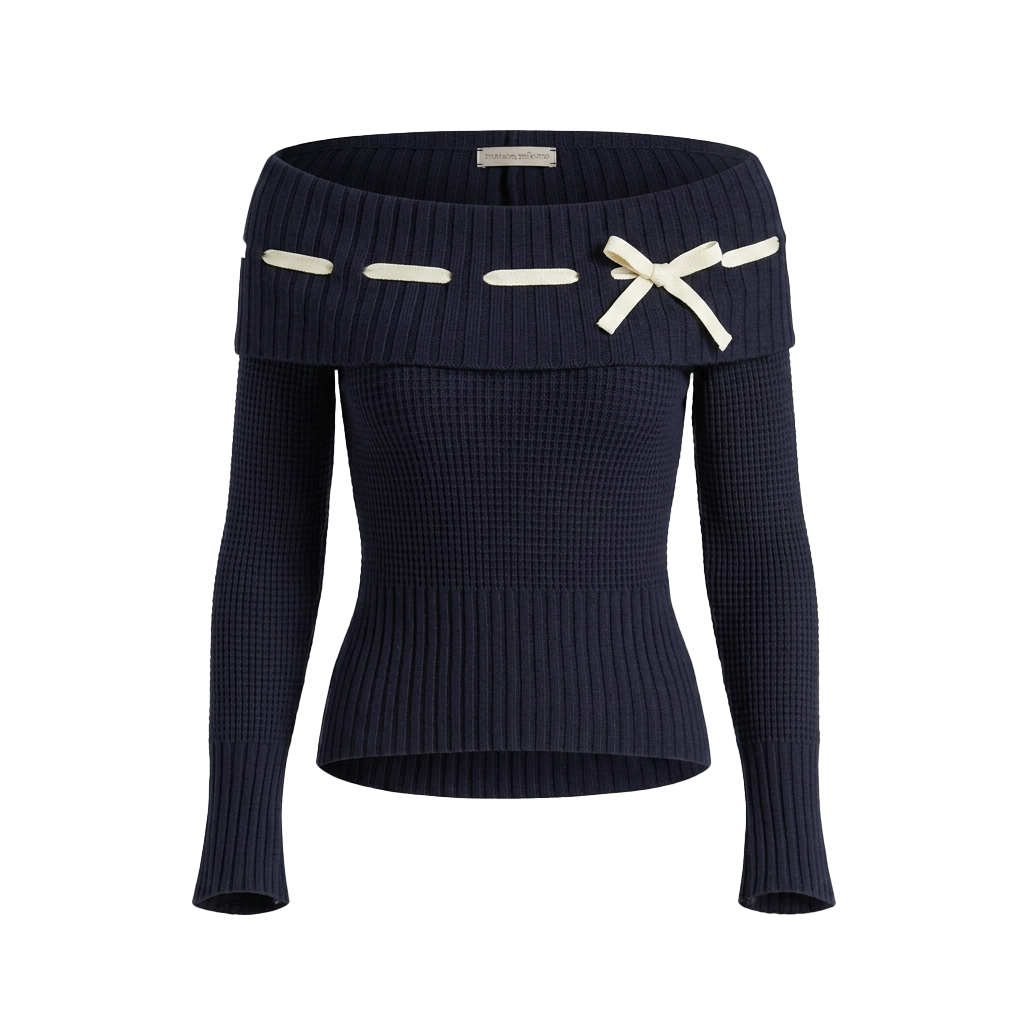 dark blue off-shoulder top with gold accents on a plain background