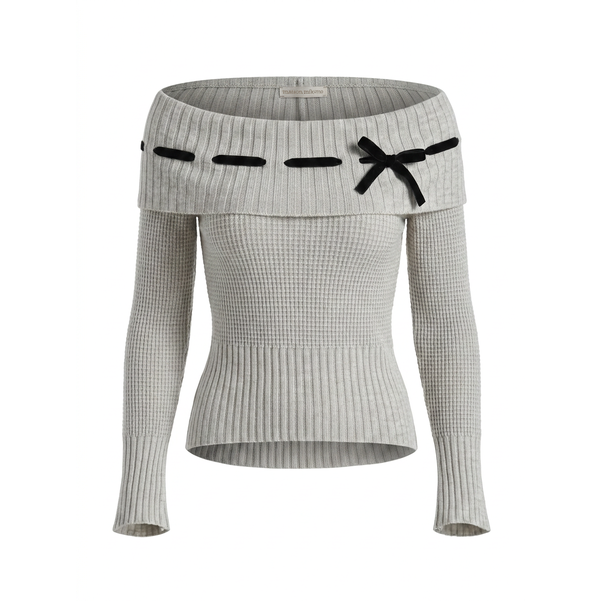 Gray ribbed sweater with black bow details on a white background