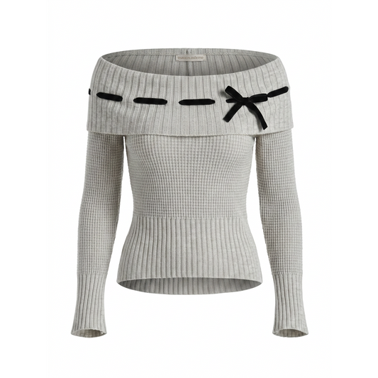 Gray ribbed sweater with black bow details on a white background