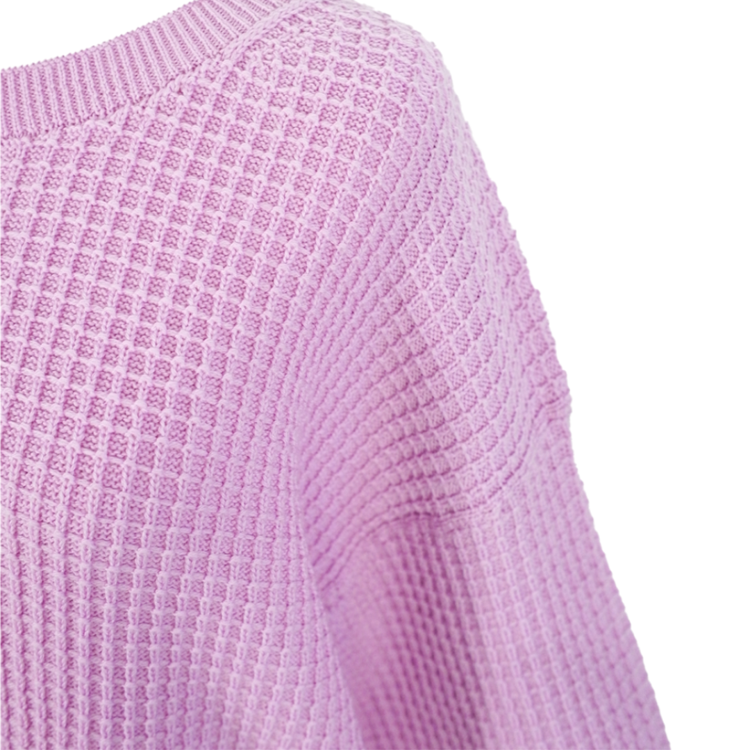 Close up shot of the Mable sweater cool pink.