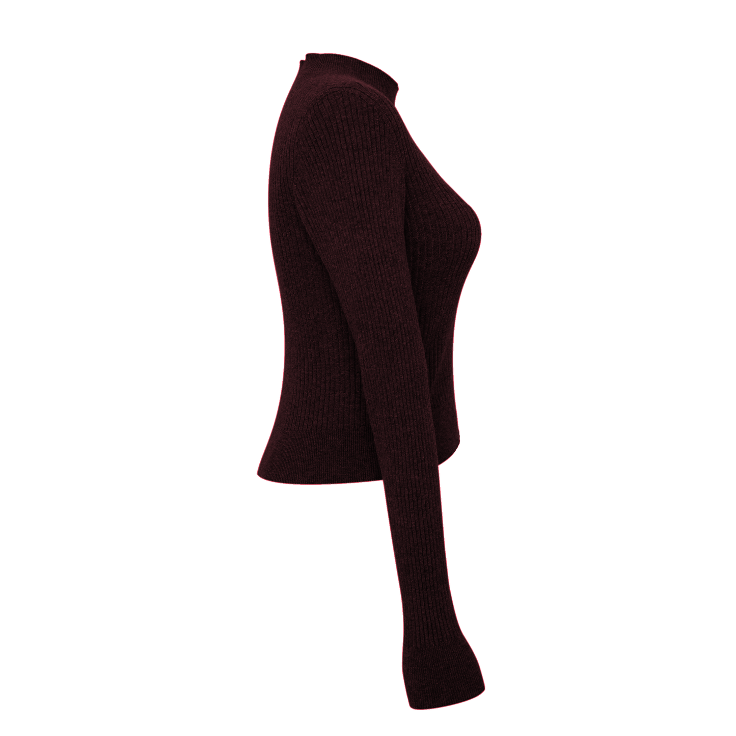 Dark maroon ribbed long-sleeve top on a white background, side view