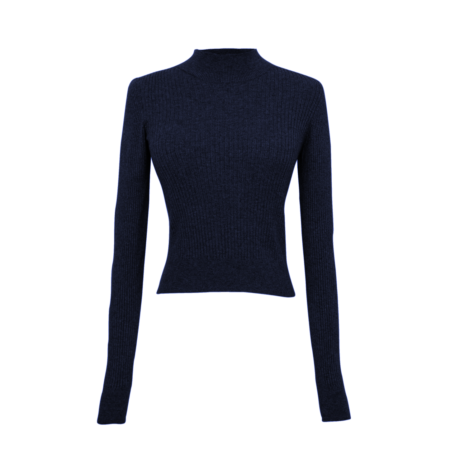 Navy blue ribbed long-sleeve top on a white background