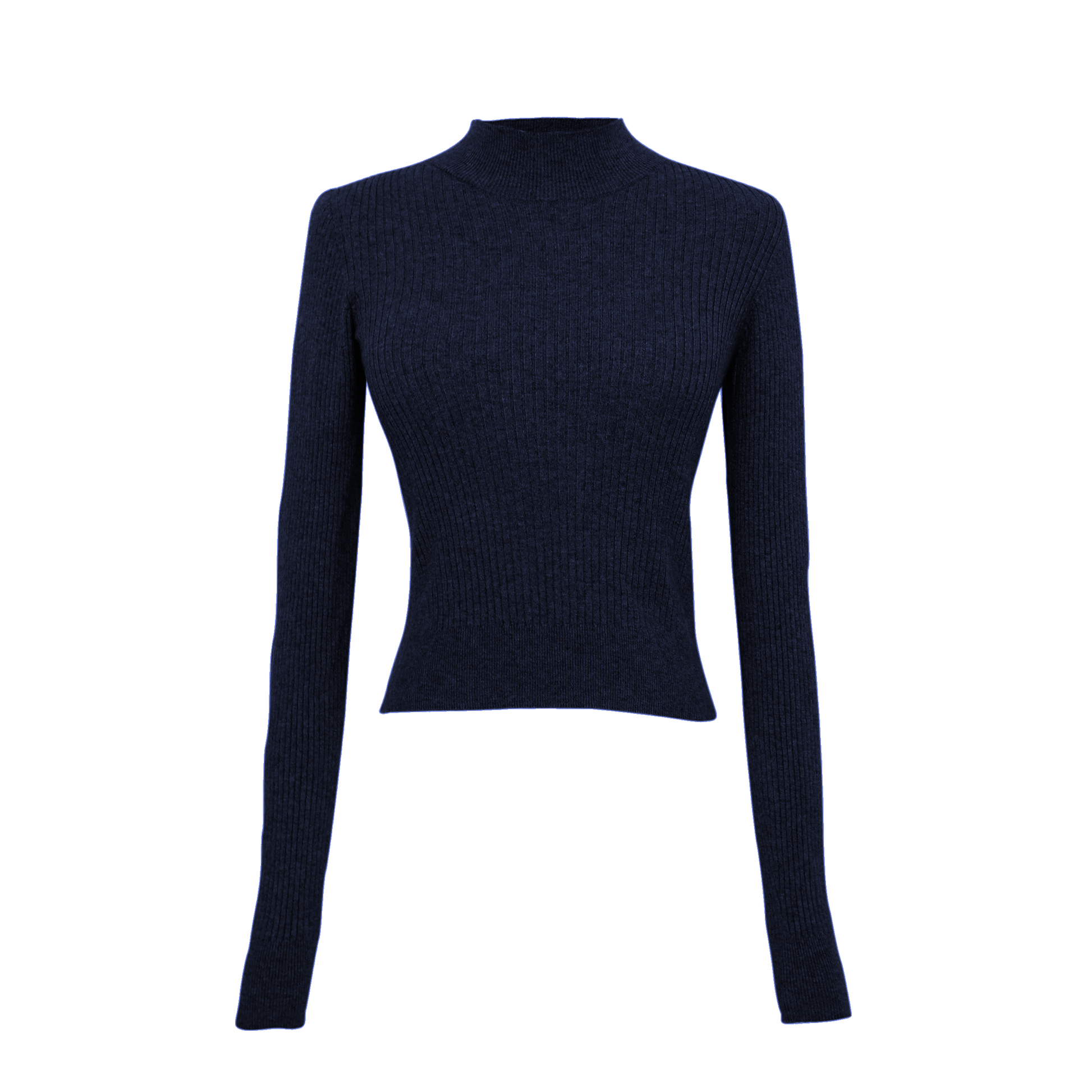 Navy blue ribbed long-sleeve top on a white background