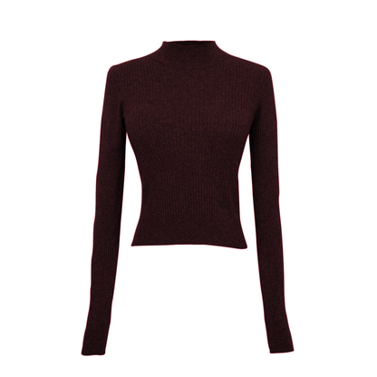 Dark maroon ribbed long-sleeve top on a white background