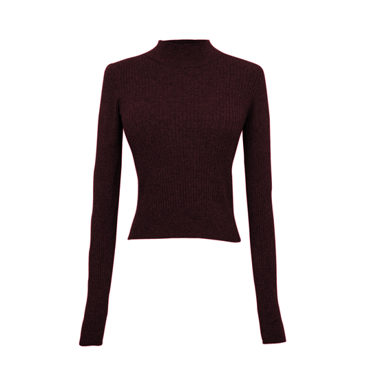 Dark maroon ribbed long-sleeve top on a white background